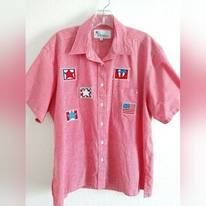 Fun Vintage Mili Designs Patriotic Red Gingham Camp Shirt Short Sleeve Medium